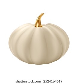 3d realistic pumpkin. White cream pumpkin with golden stem. Halloween and Thanksgiving holidays decoration. Autumn sale banner design element. Vector illustration EPS10 isolated on white background.