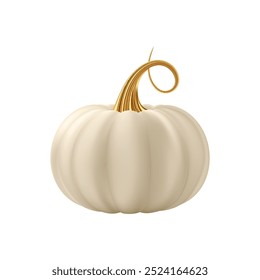 3d realistic pumpkin. White cream pumpkin with golden stem. Halloween and Thanksgiving holidays decoration. Autumn sale banner design element. Vector illustration EPS10 isolated on white background.