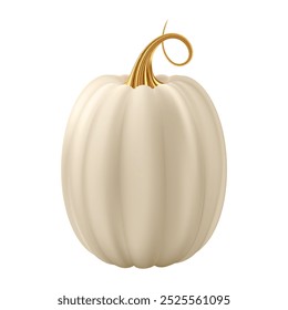 3d realistic pumpkin. White cream pumpkin with golden stem. Halloween and Thanksgiving holidays decoration. Autumn sale banner design element. Vector illustration EPS10 isolated on white background.