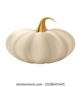 Calabaza realista 3D. Calabaza crema blanca con tallo dorado. Decoración de Halloween y Acción de Gracias. Elemento de diseño de Anuncio de venta de otoño. Ilustración vectorial EPS10 aislado sobre fondo blanco.
