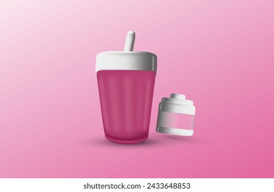 3d Realistic purple Disposable Cup with Straw Isolated