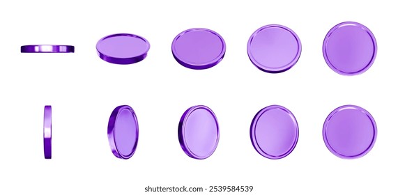 3d realista moedas de metal roxo em diferentes vistas girando verticalmente e horizontalmente. Moedas em branco brilhante vetor conjunto isolado