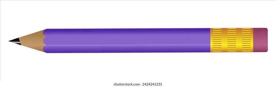 3D Realistic Purple Pencil with Rubber Eraser. Realistic Vector Illustration Design. 3D Wooden Stationery 
Object Placed Horizontally. Pencil Cartoon Creative Design Idea Isolated on White Background.