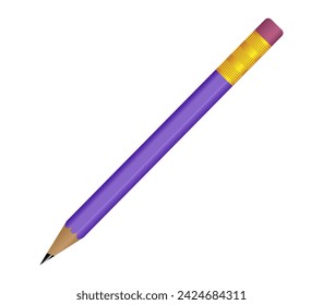 3D Realistic Purple Pencil with Rubber Eraser. Realistic Vector Illustration Design. Wooden Stationery Object for Writing and Drawing. Pencil Cartoon Creative Design Idea Isolated on White Background.