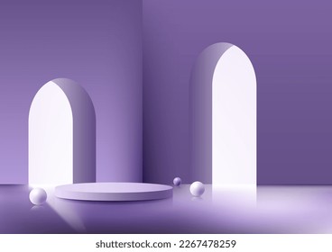 3D realistic purple podium stand interior room decoration with sphere balls minimal wall scene background. Architecture and business product presentation concept. Product display for beauty cosmetic