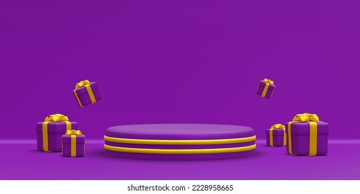 3d realistic purple round podium with gold circle on light background. Scene and platform with gift boxes on light background. Design pedestal for christmas. Vector illustration