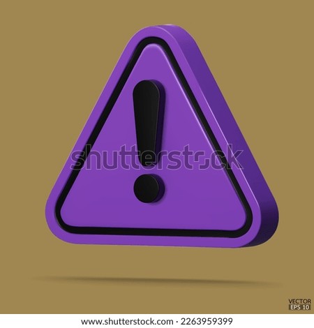 3d Realistic purple triangle warning sign isolated on background. Hazard warning attention sign with exclamation mark symbol. Danger, Alert, Dangerous attention icon. 3D Vector illustration.