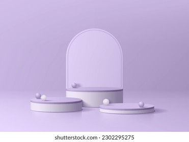 3D realistic purple and white cylinder pedestal podium set background with arch backdrop. Wall minimal scene mockup products stage showcase, Cosmetic promotion display. Abstract vector empty platform.