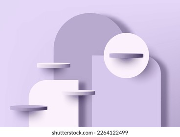 3D realistic purple and white podium shelf with rounded geometric, circle backdrop on purple background. You can use for product presentation, cosmetic display beauty mockup, showcase, etc. Vector