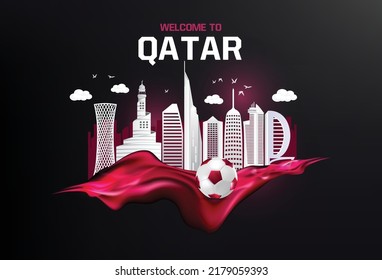 3d Realistischer Qatar Doha Skyline mit Silhouette der Stadt moderne Futuristik- und Fußball-Fußball-Fußballgrafik abstrakter Vektorhintergrund