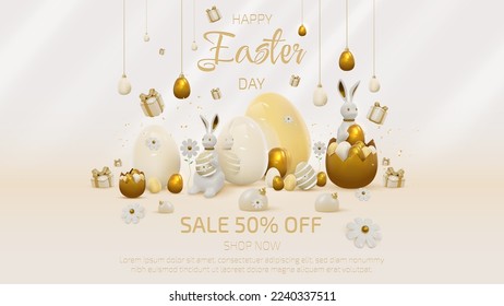 3d realistic rabbit and egg and gift box elements and ribbon decorations. Easter sale banner template background.