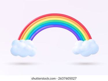3D realistic rainbow with clouds on white background. Vector plasticine or clay design element. Cartoon colorful realistic weather icon. Summer symbol. Sticker, patch badge. Design for decoration.