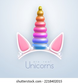 3D realistic rainbow unicorn horn isolated on white background. Children head decoration. Vector illustration