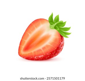 3d realistic raw ripe strawberry fruit ripe half, showcasing its vibrant, shiny and glossy texture, plump juicy center, seeds and green leaves on top. Vector sweet summer, fresh and natural dessert