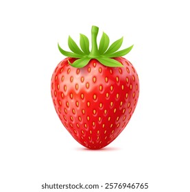 3d realistic raw ripe strawberry fruit showcase vibrant red color and textured seeds, with fresh green leaves. Isolated vector fresh garden berry, healthy summer food with glossy skin and juicy flavor