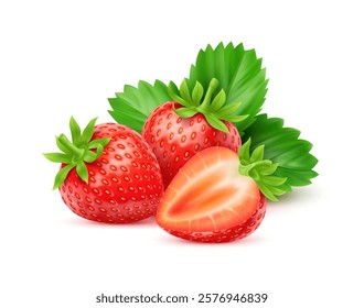 3d realistic raw ripe strawberry fruits with lush green leaves, whole and sliced garden berries showcasing their fresh and juicy appeal. Vector sweet and fresh summer dessert, natural healthy food