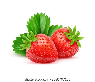 3d realistic raw ripe strawberry fruits accompanied by lush green leaves, emphasize natural beauty, health and deliciousness. Isolated vector fresh berries, healthy food with glossy texture and seeds