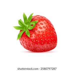 3d realistic raw ripe strawberry fruit, whole fresh berry showcasing its vibrant, shiny and glossy texture, seeds and green leaves on top. Isolated vector sweet summer, natural dessert, healthy food