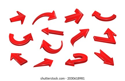 3D realistic red arrows pointing in various directions. Collection of curved, straight, zigzag web icons. Icons of cursor or direction.