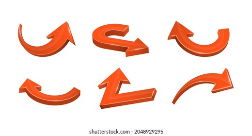 3D realistic red arrows pointing in various directions. Icons of cursor or direction. Collection of curved, straight, zigzag web icons.