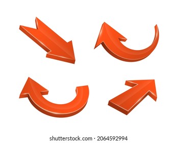 3D realistic red arrows pointing in various directions. Collection of curved, straight, zigzag web icons. Icons of cursor or direction.