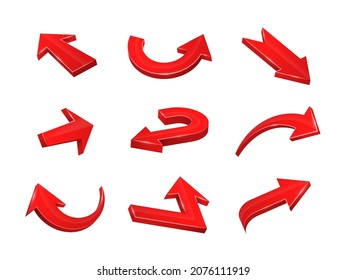 3D realistic red arrows pointing in various directions. Collection of curved, straight, zigzag web icons. Icons of cursor or direction.
