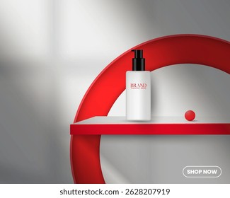 Produit cosmétique de couleur rouge réaliste en 3D maquette de template de conception avec effet de superposition d'ombre. Red Studio Art. Minimaliste couleur rouge abstrait vide moyennes sociales produit vente podium arrière-plan design. 