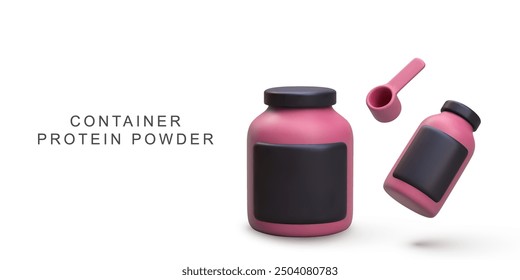 3d realistic red container protein powder on white background. Vector illustration.