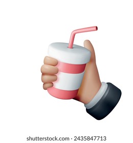 3d Realistic Red Disposable Cup with Straw in Hand Isolated. Render Paper Glass with Drinking Straw. Container for Beverages. Fast Food. Vector Illustration