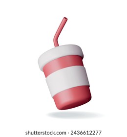 3d Realistic Red Disposable Cup with Straw Isolated. Render Paper Glass with Drinking Straw. Container for Beverages. Fast Food. Vector Illustration