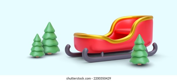 3d realistic red empty Christmas sleigh with tree isolated on blue background. Vector colorful illustration