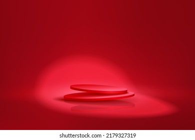 3d Realistic red floating podium againts red wall with spotlight for product display, presentation, pedestal, stage. vector