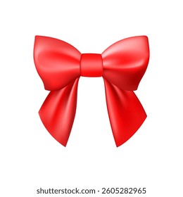3D Realistic red gift bow. Christmas, birthday and sale decoration. Silk satin bow. Traditional holiday accessory. Vector illustration, eps 10.