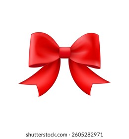 3D Realistic red gift bow. Christmas, birthday and sale decoration. Silk satin bow. Traditional holiday accessory. Vector illustration, eps 10.