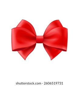 3D Realistic red gift bow. Christmas, birthday and sale decoration. Silk satin bow. Traditional holiday accessory. Vector illustration, eps 10.