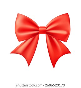 3D Realistic red gift bow. Christmas, birthday and sale decoration. Traditional holiday accessory. Vector illustration, eps 10.