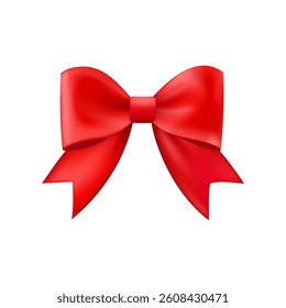 3D Realistic red gift bow. Christmas, birthday and sale decoration. Silk satin bow. Traditional holiday accessory. Vector illustration, eps 10.