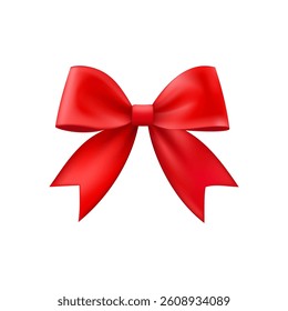 3D Realistic red gift bow. Christmas, birthday and sale decoration. Silk satin bow. Traditional holiday accessory. Vector illustration, eps 10.
