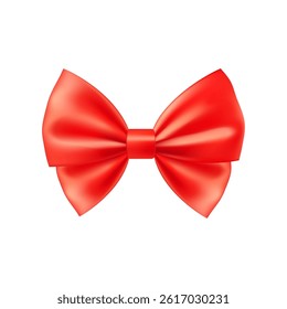 3D Realistic red gift bow. Christmas, birthday and sale decoration. Silk satin bow. Traditional holiday accessory. Vector illustration, eps 10.