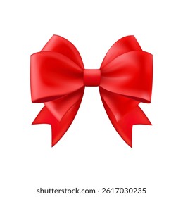 3D Realistic red gift bow. Christmas, birthday and sale decoration. Silk satin bow. Traditional holiday accessory. Vector illustration, eps 10.