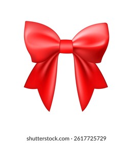 3D Realistic red gift bow. Christmas, birthday and sale decoration. Silk satin bow. Traditional holiday accessory. Vector illustration, eps 10.