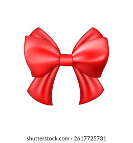 3D Realistic red gift bow. Christmas, birthday and sale decoration. Silk satin bow. Traditional holiday accessory. Vector illustration, eps 10.