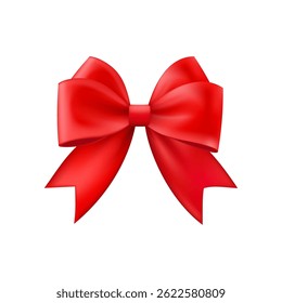 3D Realistic red gift bow. Christmas, birthday and sale decoration. Silk satin bow. Traditional holiday accessory. Vector illustration, eps 10.