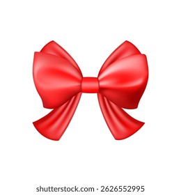 3D Realistic red gift bow. Christmas, birthday and sale decoration. Silk satin bow. Traditional holiday accessory. Vector illustration, eps 10.