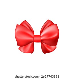 3D Realistic red gift bow. Christmas, birthday and sale decoration. Silk satin bow. Traditional holiday accessory. Vector illustration, eps 10.