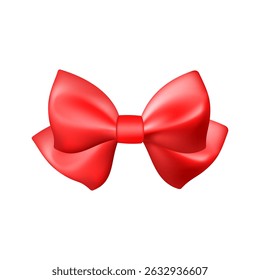 3D Realistic red gift bow. Christmas, birthday and sale decoration. Silk satin bow. Traditional holiday accessory. Vector illustration, eps 10.