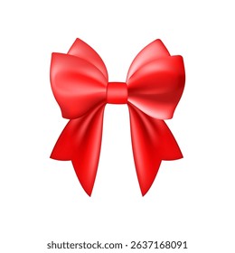 3D Realistic red gift bow. Christmas, birthday and sale decoration. Silk satin bow. Traditional holiday accessory. Vector illustration, eps 10.
