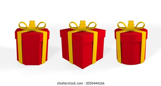 3D realistic red gift box with yellow ribbon and bow. Paper box on white background with shadow. Vector illustration.