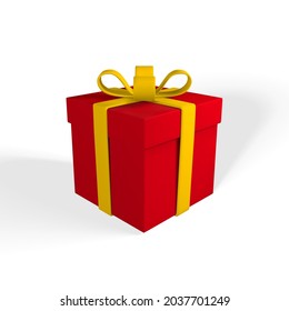3D realistic red gift box with yellow ribbon and bow. Paper box on white background with shadow. Vector illustration.