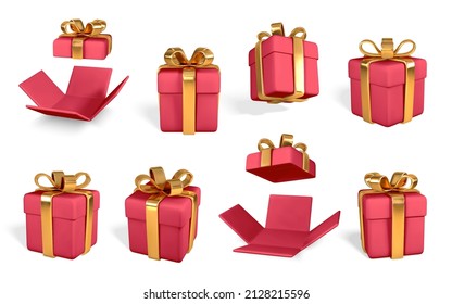 Cajas de regalo rojas realistas en 3D con arco dorado. Cajas de papel con cinta y sombra aisladas en fondo blanco. Ilustración vectorial.